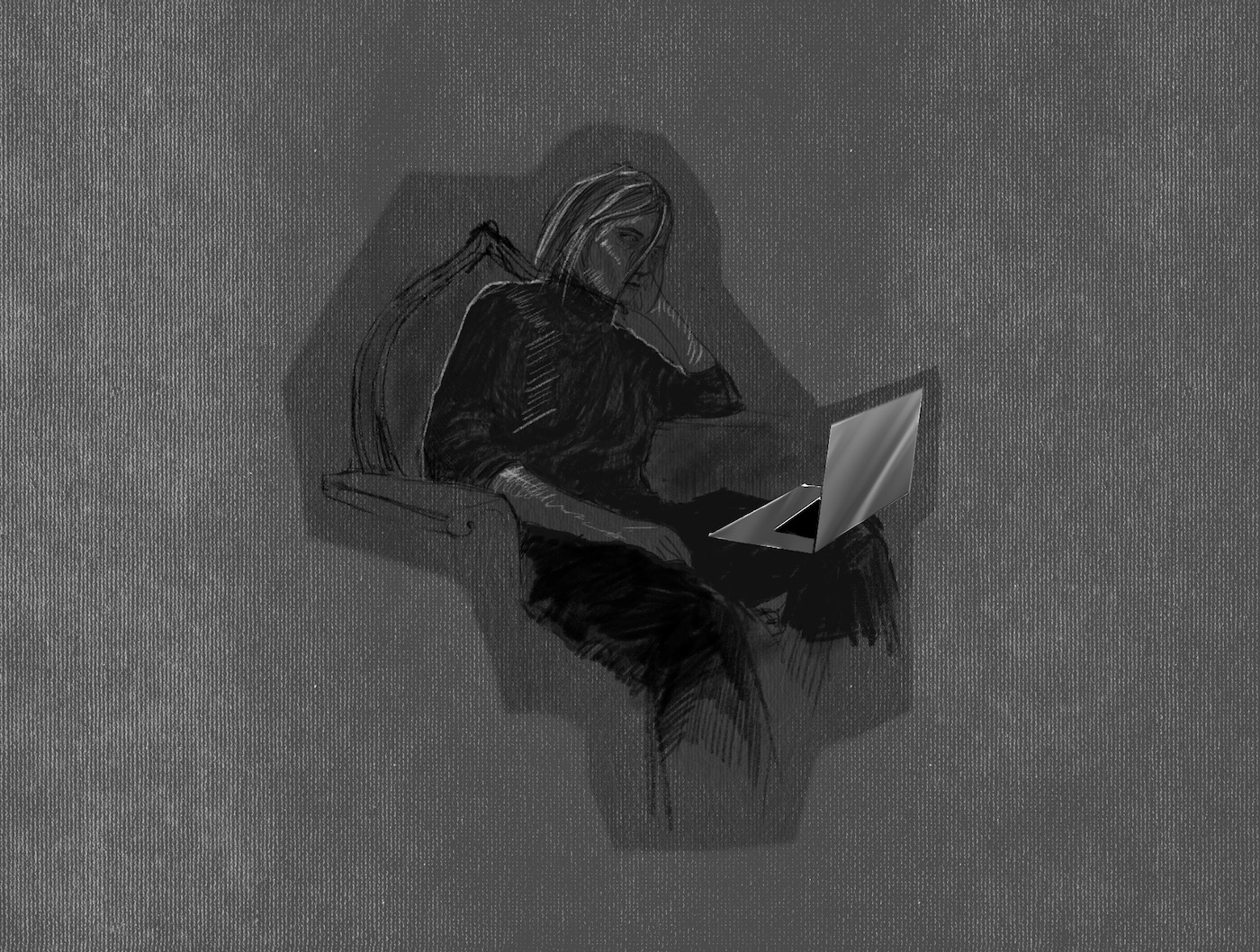 Drawing by Viktoriia Shcherbak of woman with laptop.