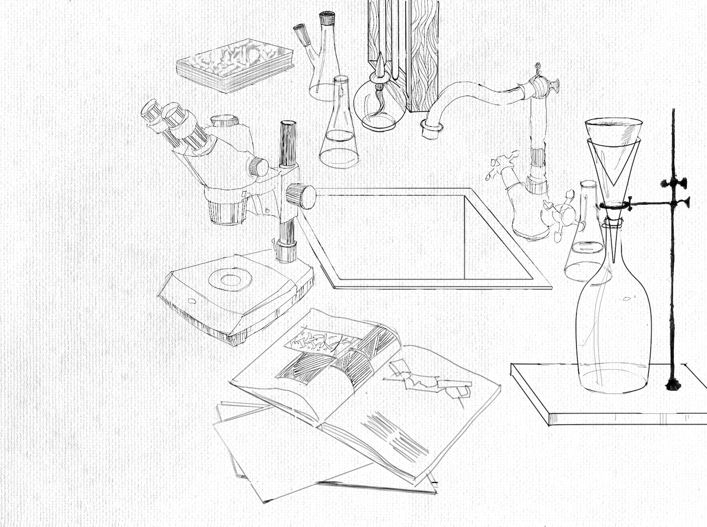 Drawing by Viktoriia Shcherbak of inventor's desk.