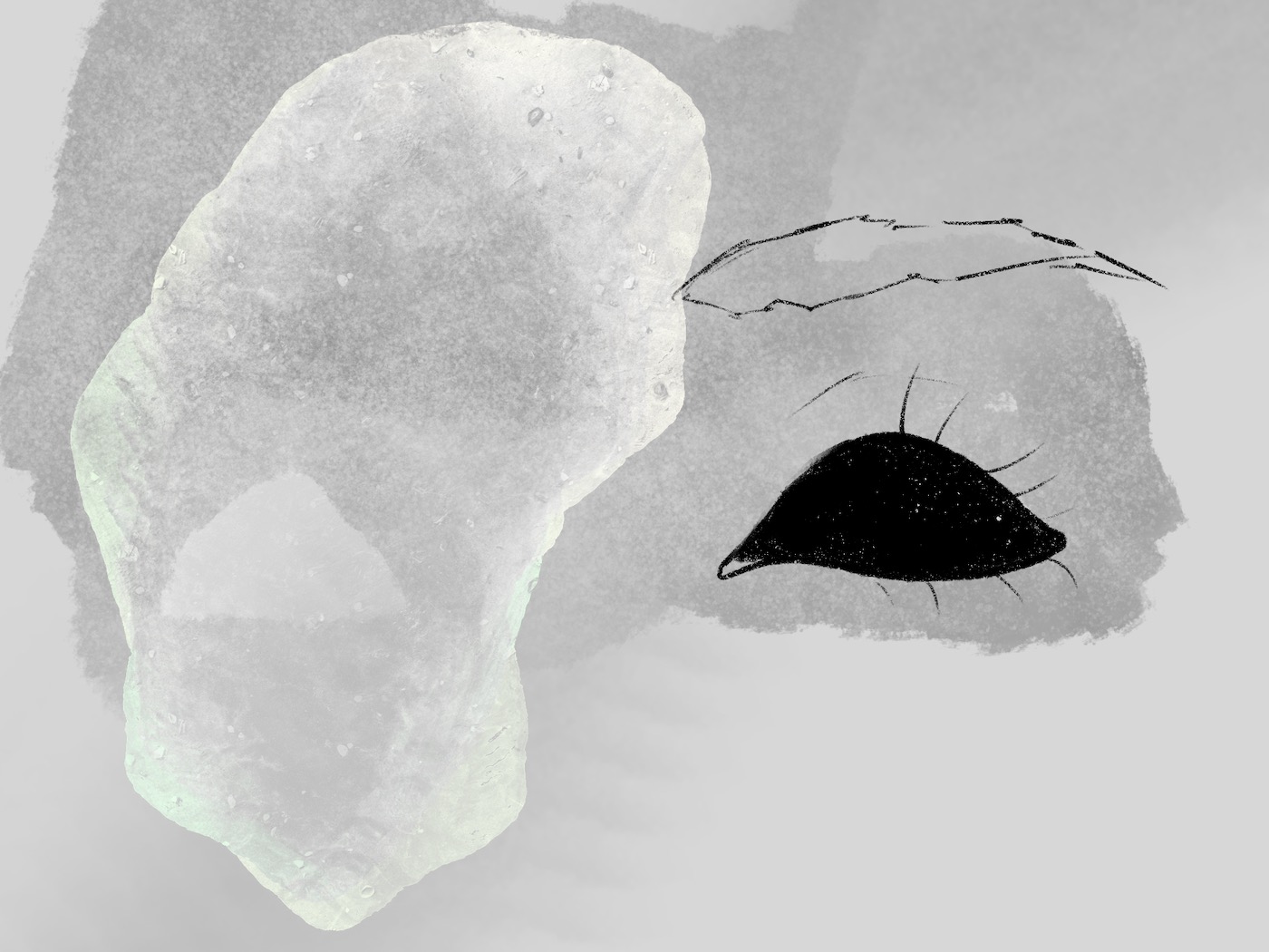 Drawing by Viktoriia Shcherbak of a black eye against an abstract grey background.