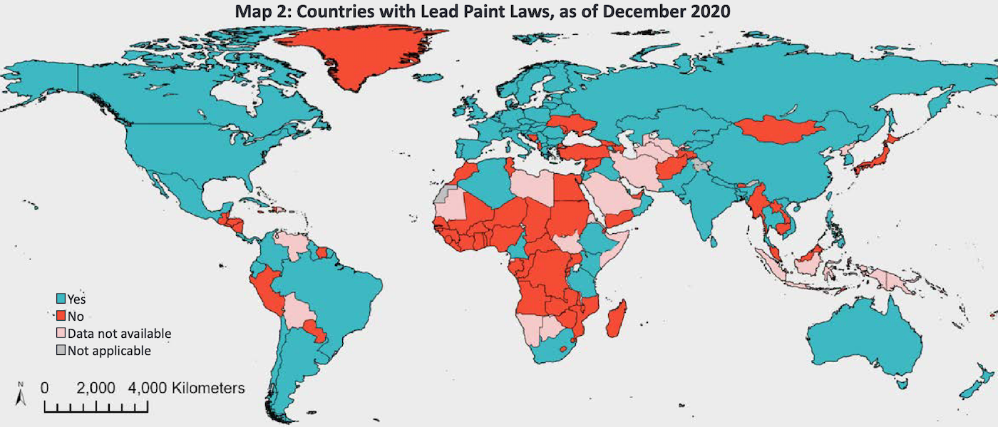 Map of countries with lead paint laws, 2020. Source is the United Nations Environment Programme's 2020 report on lead-based paint.