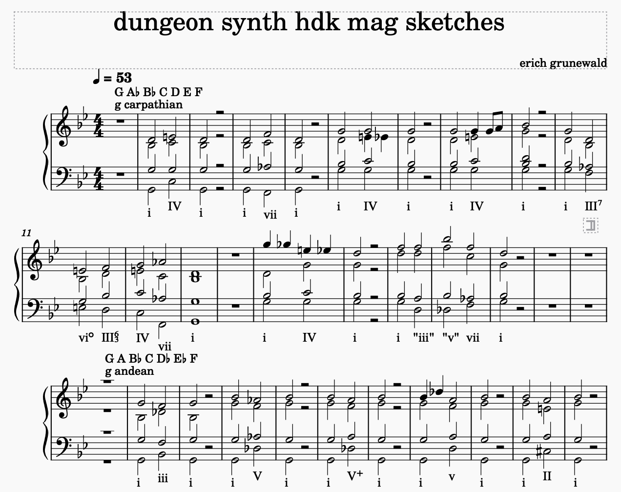 Screenshot of sketches for HdK Dungeon Synth Magazine composition in MuseScore.