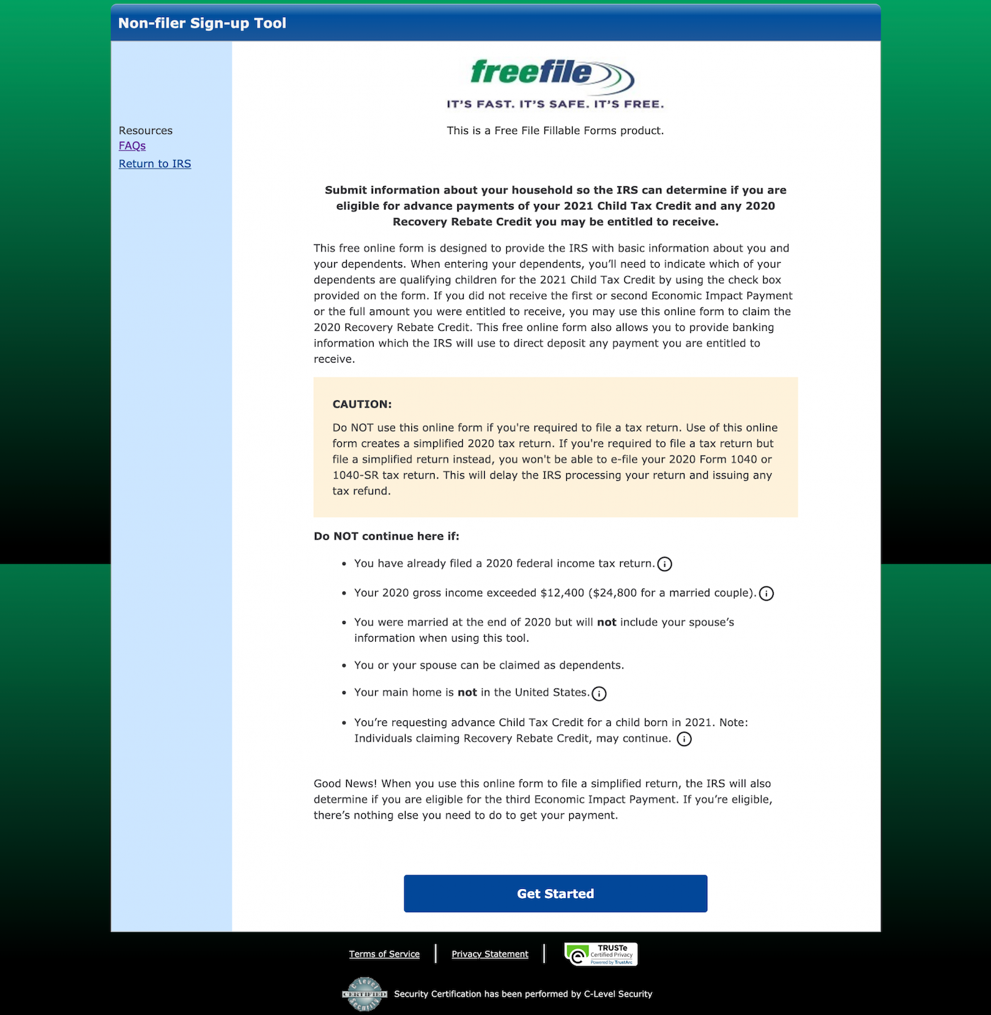 Screenshot of the IRS's CTC non-filer sign-up tool.