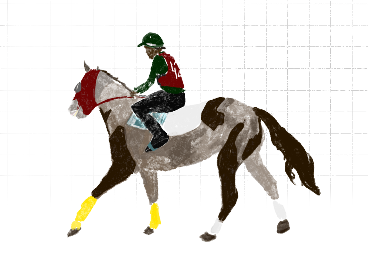 Drawing by Viktoriia Shcherbak of racehorse and jockey in livery.