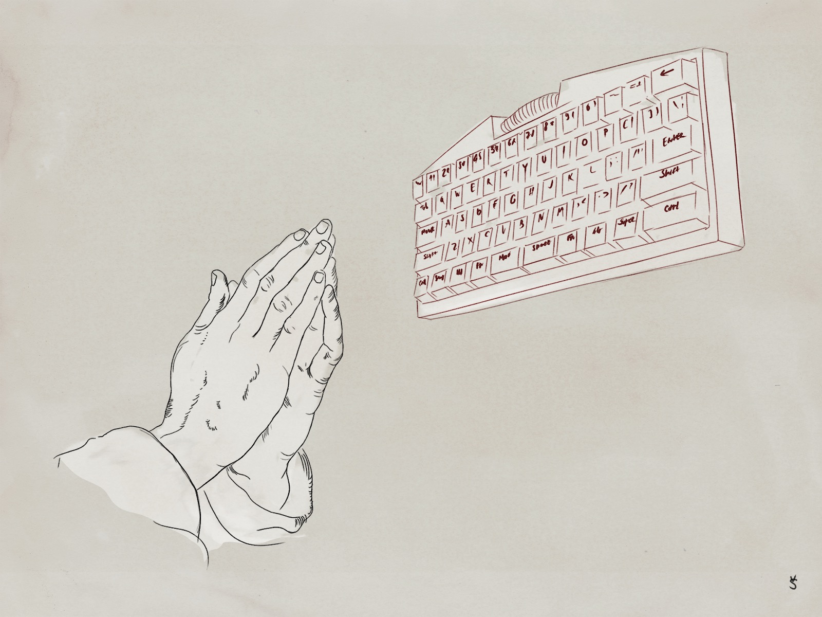 Drawing of hands locked in prayer and keyboard by Viktoriia Shcherbak.